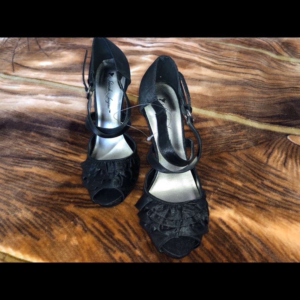 Ruffled Open Toe Ankle Strapped Stiletto Heels